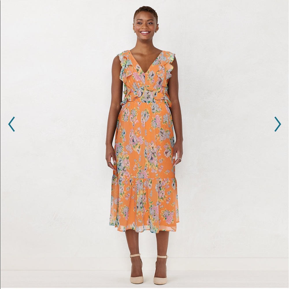 LC Lauren Conrad Print Ruffle Midi Dress | Light Orange Floral | M